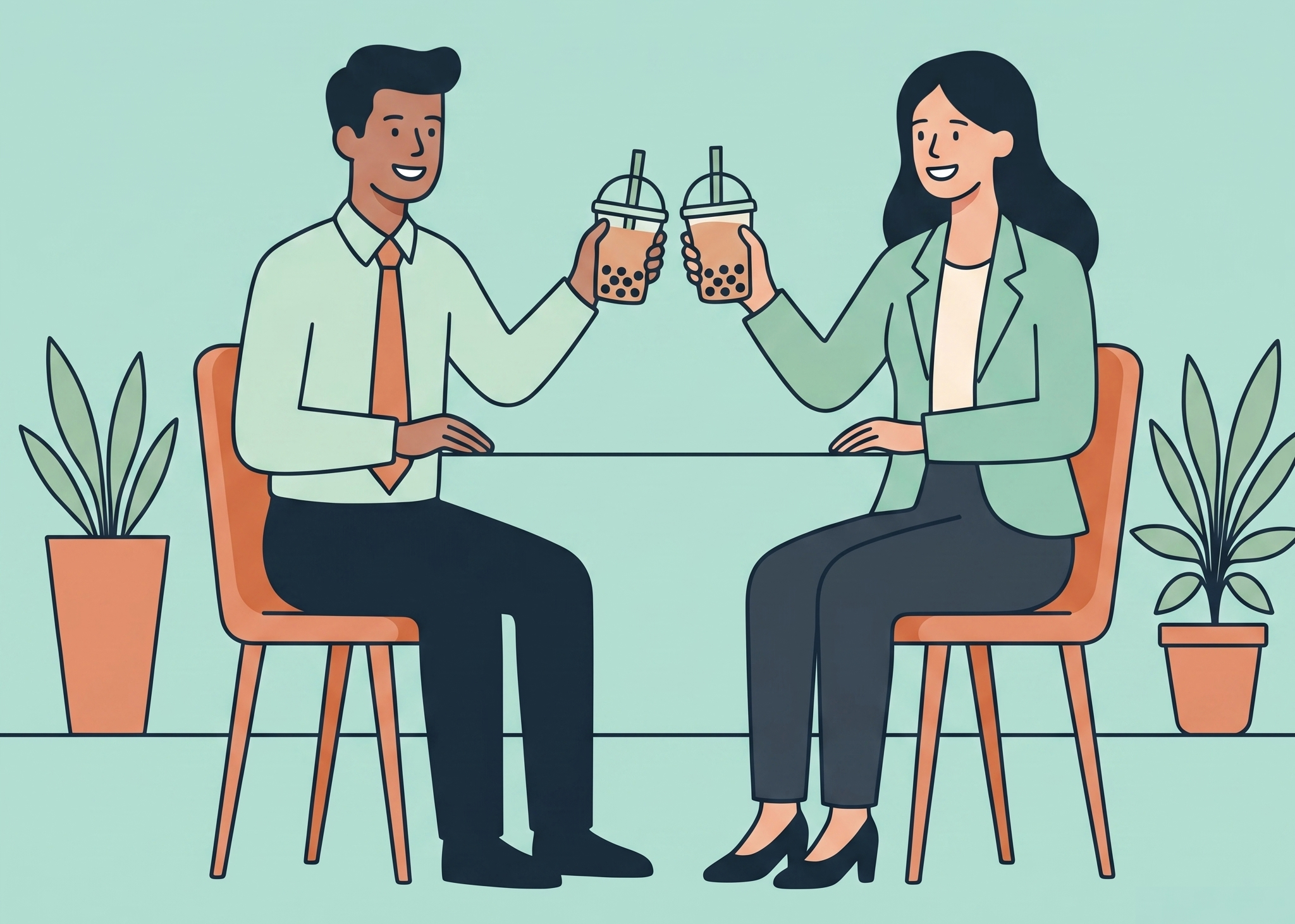 Two professionals smiling and toasting boba over a chat